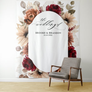Tapiz Boda geométrica floral de terracota borgoña mauve