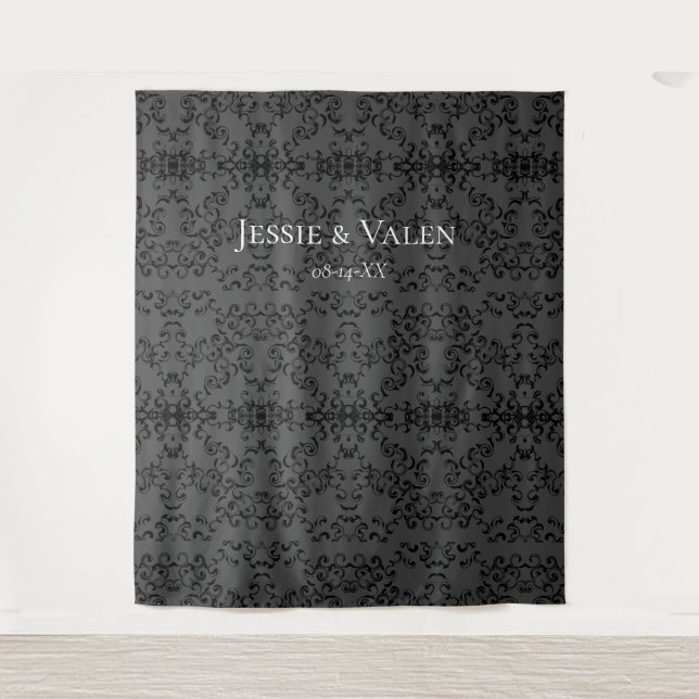 Tapiz Boda Gótica de Remolino Gris y Negro (Anverso)