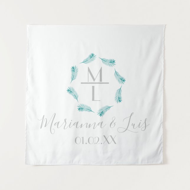 Tapiz Boda Logotipo Circular Hojas de Palma Tropicales (Anverso)