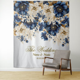 Tapiz Boda Navy Blue White Golden Floral Silver