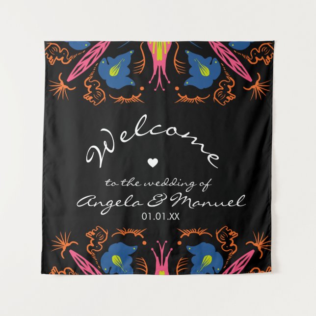 Tapiz Boda Negra Floral de Elefante Indio  (Anverso)