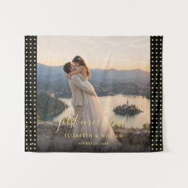 Tapiz Boda personalizada con lunares dorados y negros