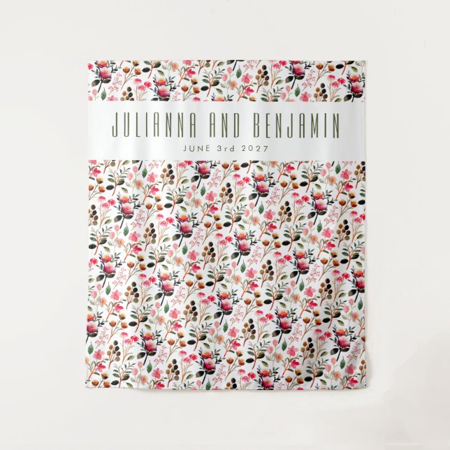 Tapiz Boda personalizada elegante acuarela rosa verde (Anverso)