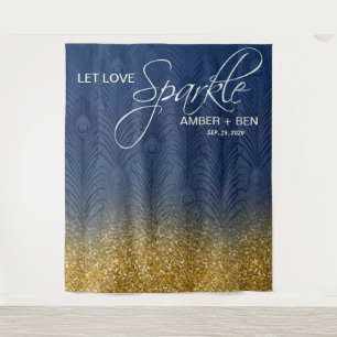 Tapiz Boda Personalizada Pavo Real Brillo Azul Marino y