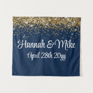 Tapiz Boda personalizado de oro azul de la Marina