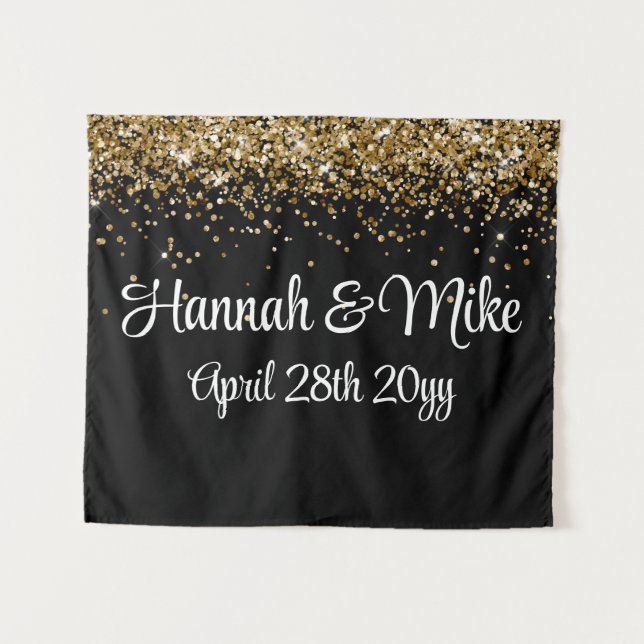 Tapiz Boda personalizado negro y oro (Anverso (horizontal))