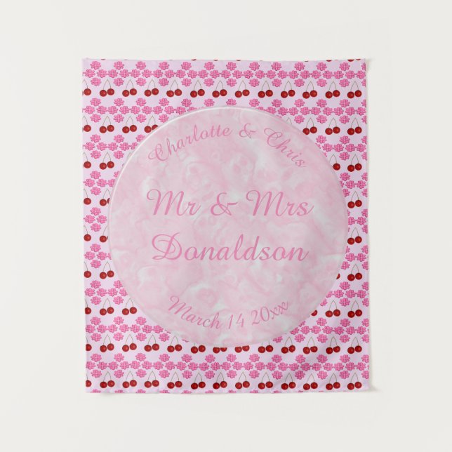 Tapiz Boda Primavera Rosa Flor de cerezo y cerezas (Anverso)