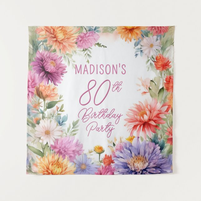 Tapiz Boho Aster Flowers Floral 80th Birthday Party (Anverso)