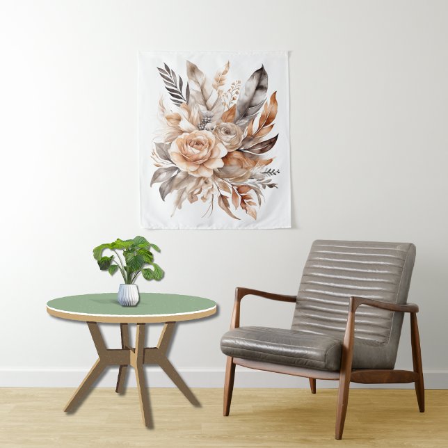 Tapiz Boho Beige Gris Floral Botánico Acuarela (Boho Beige Gray Floral Botanical Feathers Watercolor Tapestry)