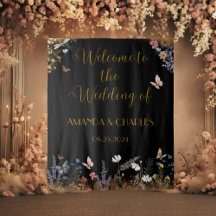 Boho Floral Black Butfly Garden Tapestry