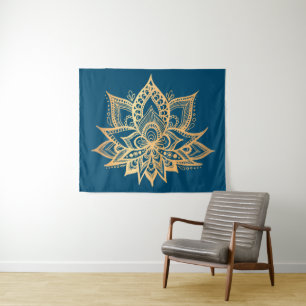 Tapiz Boho Gold Lotus Flor Mandala Art Blue
