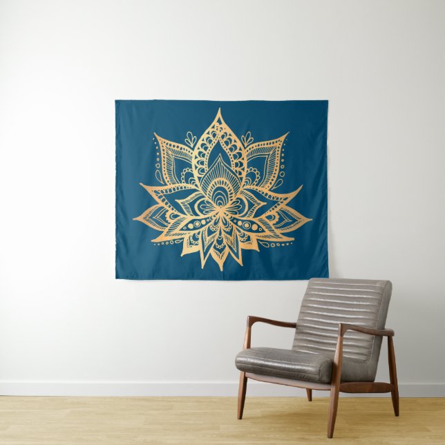 Tapiz Boho Gold Lotus Flor Mandala Art Blue (In situ (horizontal))