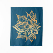 Boho Gold Lotus Flor Mandala Art Blue