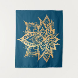 Tapiz Boho Gold Lotus Flor Mandala Art Blue