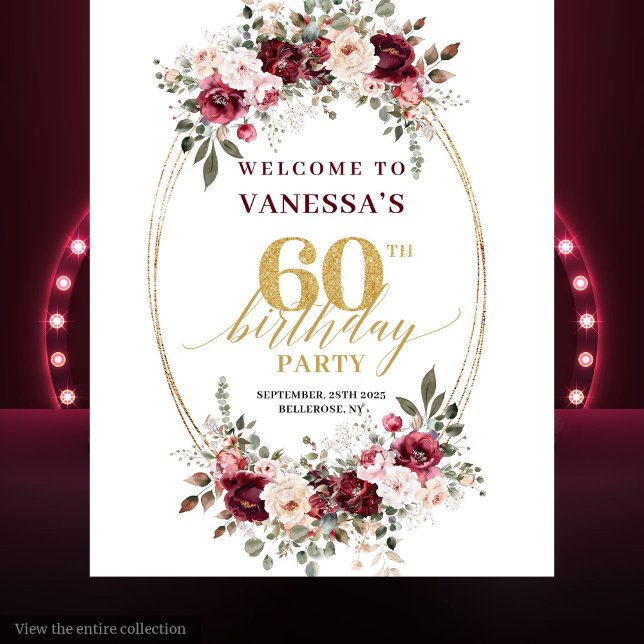 Tapiz Boho Marsala Gold Floral Borgoña Cumpleaños 60  (Boho Marsala Gold Floral Burgundy 60th Birthday Banner)