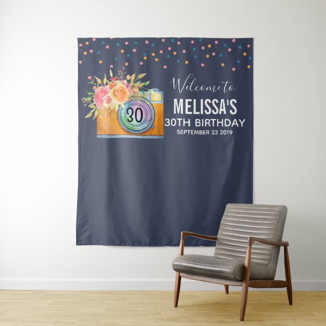 Tapiz Boho Naranja Cámara y Flores acuarela Cumpleaños (In situ)