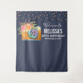 Tapiz Boho Naranja Cámara y Flores acuarela Cumpleaños