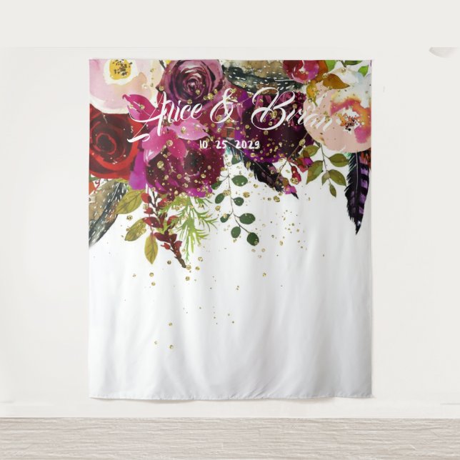 Tapiz Boho Negrita Borgoña Boda Floral Fondo (Anverso)