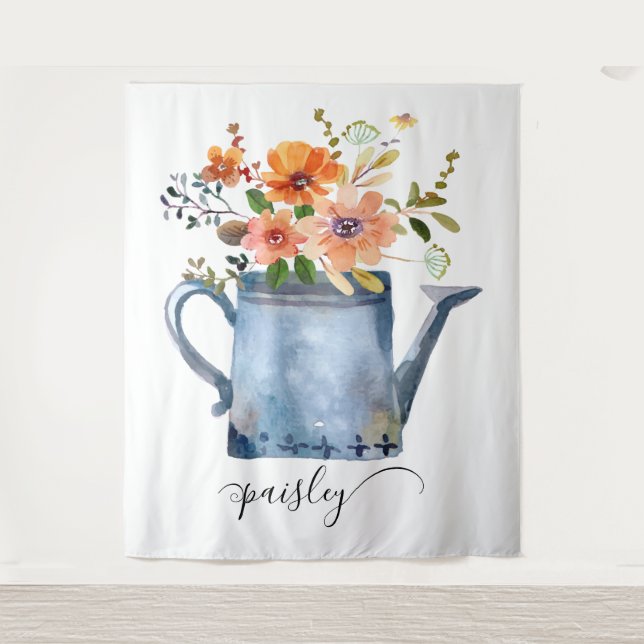 Tapiz Boho Óxido Naranja Flores Acuarela Regadera (Anverso)