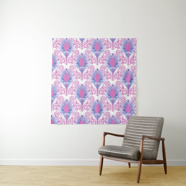 Tapiz Boho Peacock Feather Jewel Tone-Neon Pink (In situ)