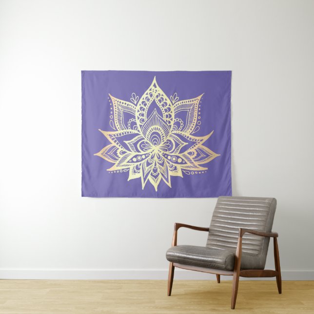 Tapiz Boho Purple Gold Lotus Flor Mandala Art (In situ (horizontal))