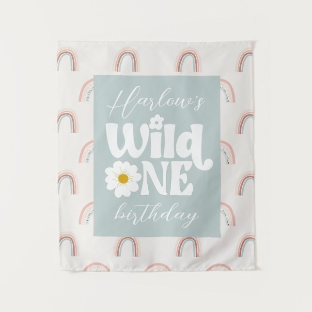 Tapiz Boho Rainbow Daisy Wild One Chica primer cumpleaño (Anverso)