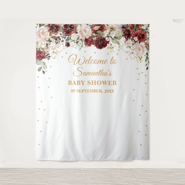 Tapiz Boho rosa burgundy floral marco dorado baby shower (Anverso)