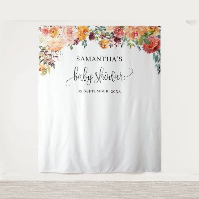 Tapiz Boho ruidoso naranja burgundy otoño floral fondo (Anverso)