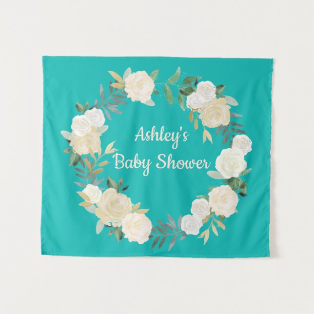 Tapiz Boho Spring Wedding Backdrop Turquoise Baby Shower (Anverso (horizontal))