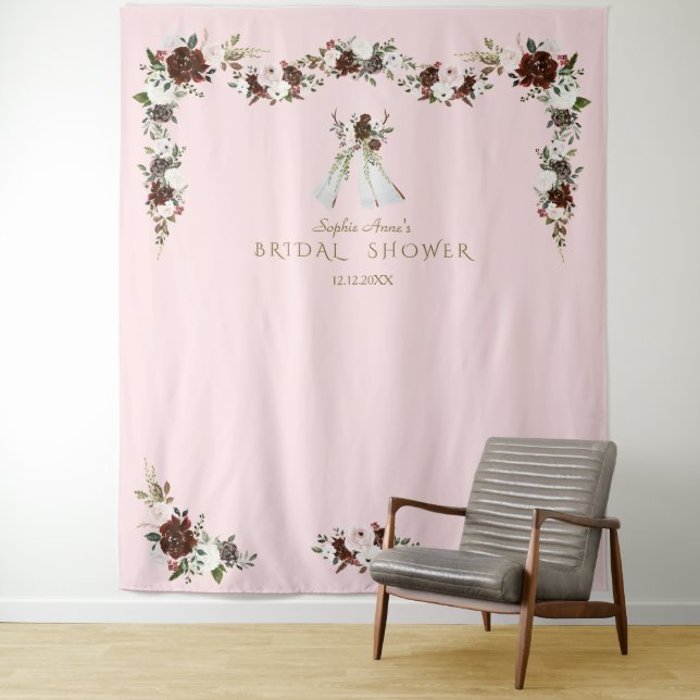 Tapiz Boho Teepee Burgundy Cream Floral Bridal Shower (In situ)