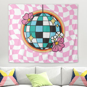 Tapiz Bola de discoteca rosa groovy de cuadros retro hip