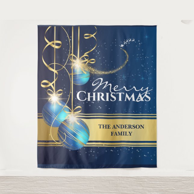 Tapiz Bolas de oro azules Deseos de Navidad de los renos (Anverso)