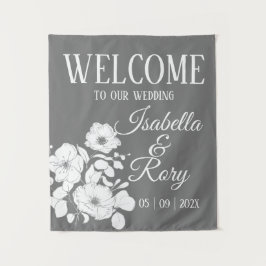 Tapiz Bonita boda floral gris y blanco Bienvenida