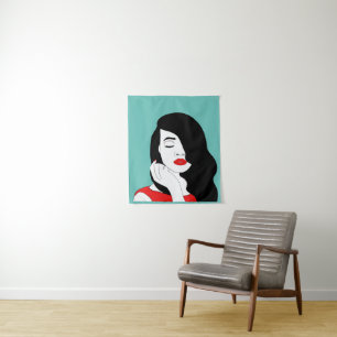 Tapiz Bonito Cabello oscuro Mujer pintalabios rojos Maqu