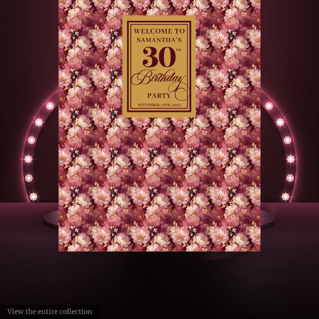 Tapiz Bonito Fiesta de cumpleaños 30 de Rubor Gold de Bo (Lovely Burgundy Blush Gold 30th Birthday Party Tapestry )