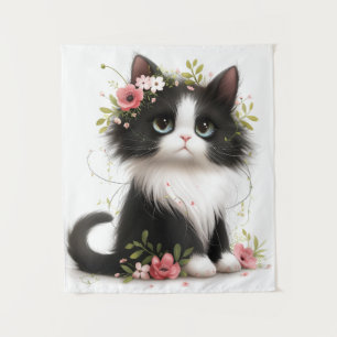 Tapiz Bonito gatito de Tuxedo con Cojín decorativo de fl