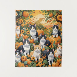Tapiz Bonitos Gatos Y Calabazas En Temporada Otoño
