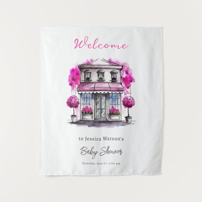 Tapiz Bonjour Bebe Paris Baby Shower negro rosado francé (Anverso)