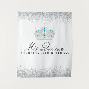 Tapiz Booth fotográfico Quinceanera plateado y azul