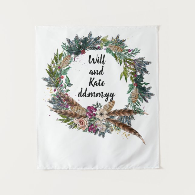 Tapiz Booth personalizado Boho Boda de Invierno (Anverso)