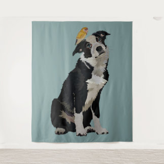 TAPIZ BORDER COLLIE Y PÁJARO DE ORO