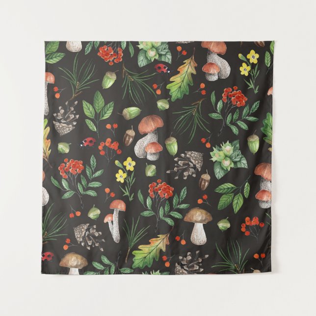Tapiz Bosque Bounty: Patrón de hongos acuarelas (Anverso)