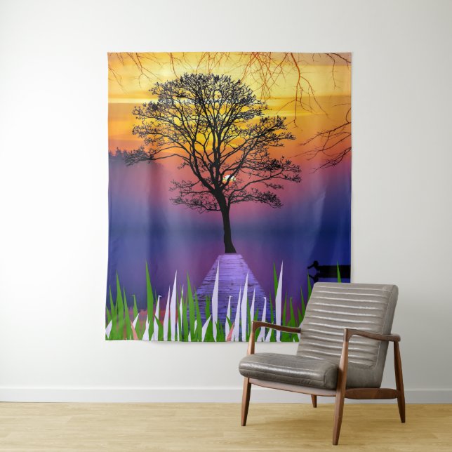 Tapiz Bosque de silueta de lago con árbol de la selva (In situ)