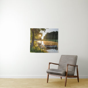 Tapiz Bote de remos amarrado en el lago