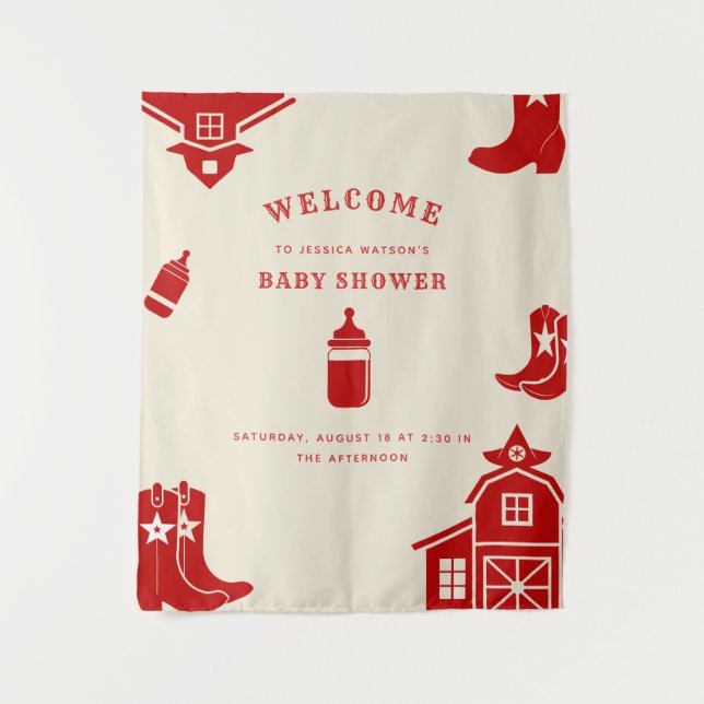 Tapiz Botellas y boots Cowboy Retro Red Baby Shower (Anverso)