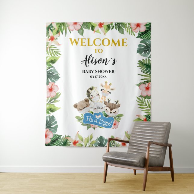 Tapiz Boy Baby Shower BACKDROP | Amigo Cute Gold Safari (In situ)