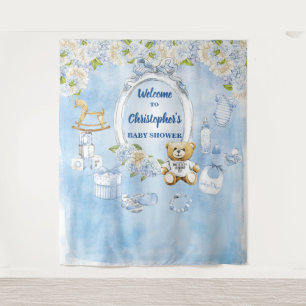 Tapiz Boy Baby Shower Flores azules Teddy Bear fondo