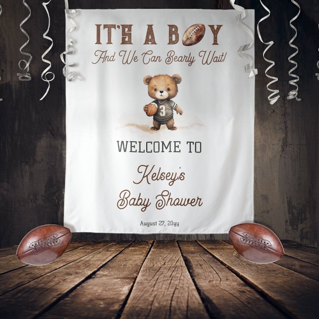 Tapiz Boy Bearly Wait American Football Baby Shower (Teddy Bear Boy American Football Baby Shower Welcome 68" x 80" Lg. Backdrop - Bearly Wait Collection)