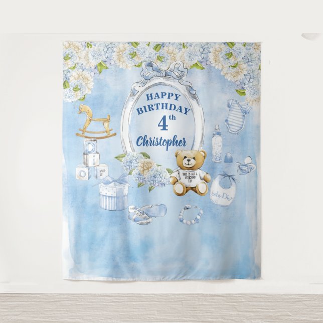 Tapiz Boy Birthday Blue Flowers Teddy Bear Backdrop (Anverso)