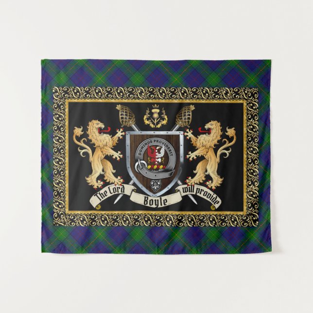 Tapiz Boyle Clan Badge & Motto con Leones (Anverso (horizontal))
